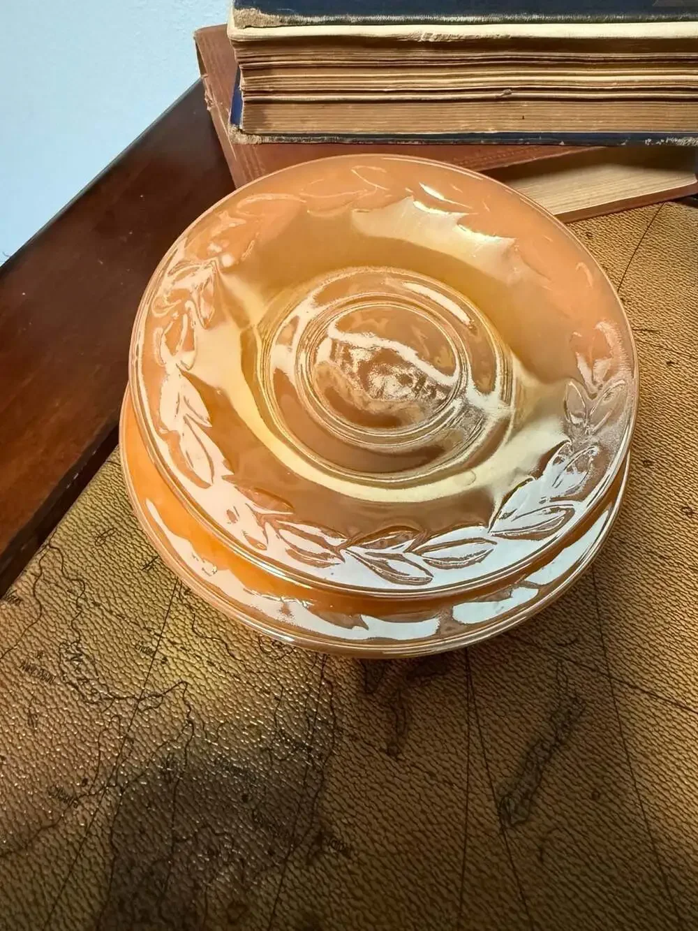 Fire-King Oven Ware Peach Lusterware Laurel Leaf Saucers, Set of 2